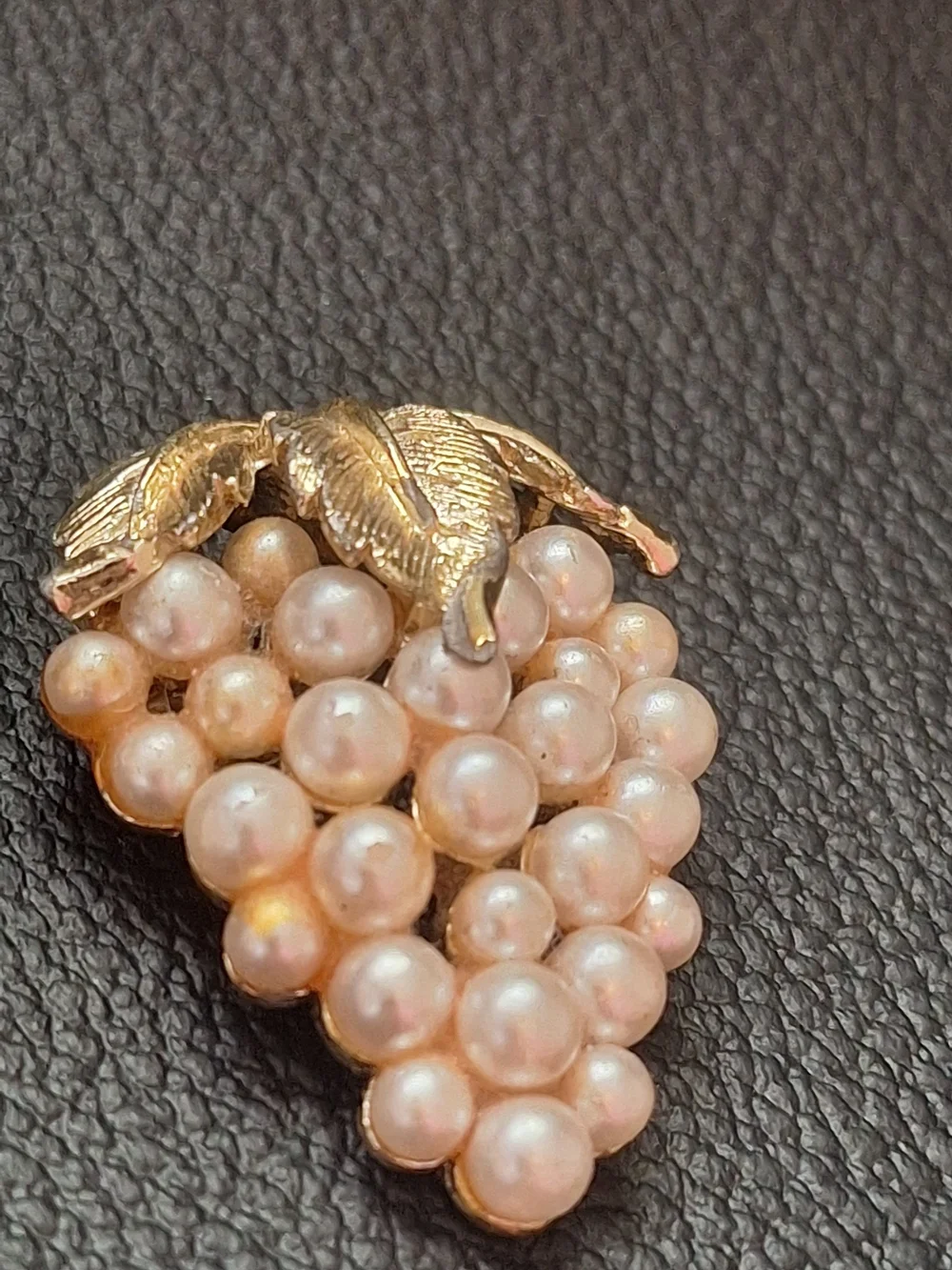 Vintage Gold and Pearl Grape Cluster Brooch - Pink Pearls